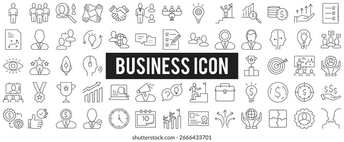 A set of business icons representing various aspects of business teamwork success growth and strategic planning and management tasks