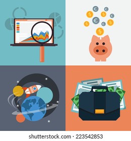 Set of business icons seo analysis piggy bank space with rocket case with dollars and documents flat design style