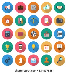 set business icons: shout, briefcase, safe, money, handshake, contract, phone, calculator, wallet, target, id card, notebook, cup, coffee time, idea, calendar, report, work, strategy. Flat style