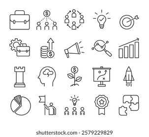 Set of business icons in simple thin line. Collection of icons related to business, including profit, teamwork, investment, graphic, advertisment, brainstorming, strategy, target, etc. Editable Stroke