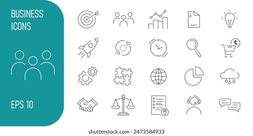 A set of business icons in a single style, simple icons with editable stroke. The icon of a target, missile, group of people, handshake, time, development and so on. EPS10