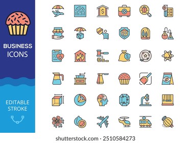 A set of business icons in a single style, simple icons with editable stroke. The icon of a target, missile, group of people, handshake, time, development and so on. EPS10