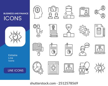 A set of business icons in a single style, simple icons with editable stroke. The icon of a target, missile, group of people, time, development and so on. EPS10