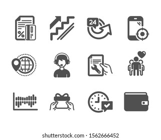 Set of Business icons, such as 24 hours, Friendship, Stairs, Column diagram, Money wallet, Seo phone, Credit card, Give present, Select alarm, Consultant, World travel, Repair document. Vector