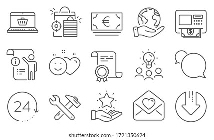 Set of Business icons, such as 24 hours, Smile. Diploma, ideas, save planet. Download arrow, Manual doc, Atm. Online shopping, Seo shopping, Loyalty program. Vector