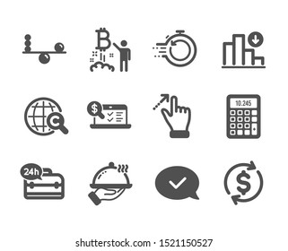 Set of Business icons, such as 24h service, Usd exchange, Fast recovery, International Ð¡opyright, Online accounting, Balance, Restaurant food, Approved message, Touchscreen gesture. Vector