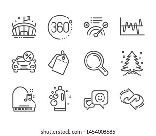 Set of Business icons, such as 360 degrees, Refresh, Research, Sale tags, Clean bubbles, Christmas tree, Piano, Smile, Car leasing, Stock analysis, Arena, Correct answer line icons. Vector