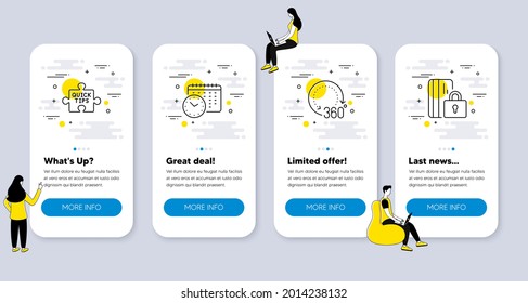 Set of Business icons, such as 360 degrees, Quick tips, Calendar time icons. UI phone app screens with people. Blocked card line symbols. Panoramic view, Tutorials, Clock. Private money. Vector