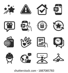 Set of Business icons, such as 5g phone, Clock, Document symbols. Calculator target, Foreman, Travel passport signs. Wish list, Slow fashion, 24h service. Loyalty points, Interview job. Vector