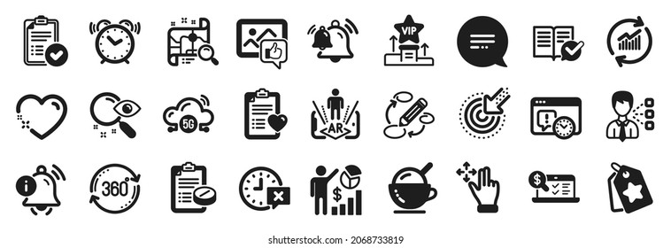 Set of Business icons, such as 5g cloud, Patient history, Vip podium icons. Keywords, Seo statistics, Medical prescription signs. Text message, Project deadline, Heart. Search, Alarm clock. Vector