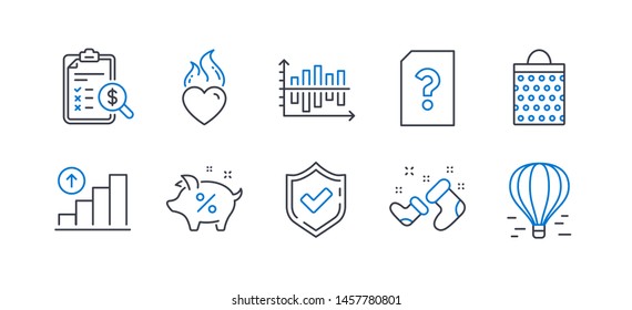 Set of Business icons, such as Accounting report, Loan percent, Shopping bag, Santa boots, Heart flame, Confirmed, Graph chart, Unknown file, Diagram chart, Air balloon line icons. Vector