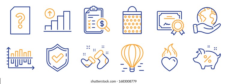 Set of Business icons, such as Accounting report, Loan percent. Certificate, save planet. Shopping bag, Santa boots, Heart flame. Confirmed, Graph chart, Unknown file. Vector