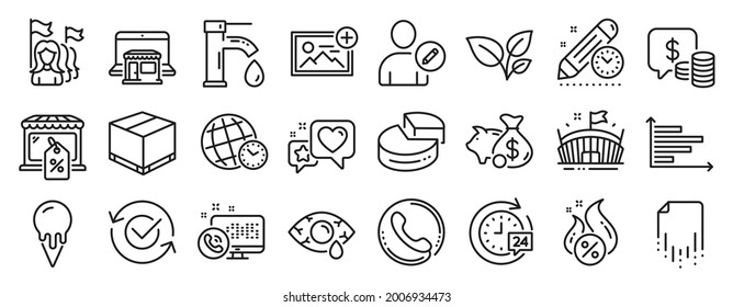 Set of Business icons, such as Add photo, Piggy bank, Market sale icons. Time zone, Feminism, Edit user signs. Conjunctivitis eye, Approved, Project deadline. Pie chart, Web call, Coins. Vector
