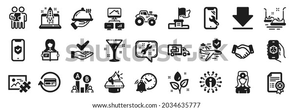 Set of Business icons, such as Alarm clock, Refund
commission, Tractor icons. Oculist doctor, Bumper cars, Megaphone
signs. Survey, Plants watering, Spanner. Phone protection, Puzzle
image. Vector