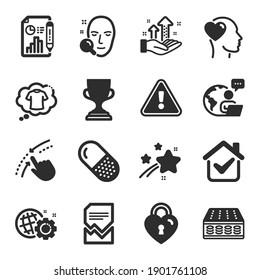 Set of Business icons, such as Analysis graph, Swipe up, T-shirt symbols. Capsule pill, Corrupted file, Love lock signs. Mattress, Award cup, Friend. Report document, Seo gear, Face search. Vector