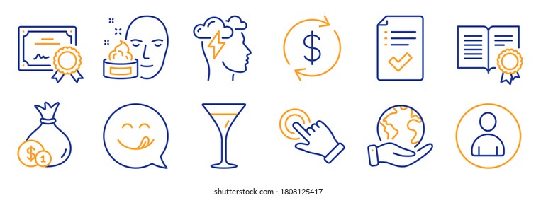 Set of Business icons, such as Approved checklist, Yummy smile. Certificate, save planet. Cash, Touchscreen gesture, Usd exchange. Face cream, Martini glass, Diploma. Vector