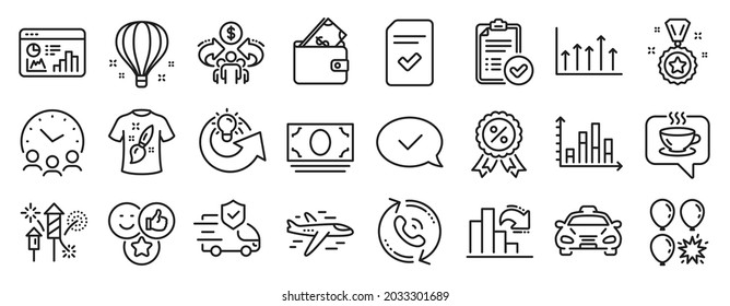 Set Of Business Icons, Such As Approved Message, Decreasing Graph, Airplane Icons. Balloon Dart, Cash Money, Share Idea Signs. Sharing Economy, Transport Insurance, Meeting Time. Wallet. Vector