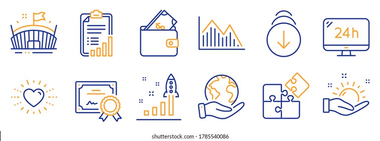 Set of Business icons, such as Arena, Wallet. Certificate, save planet. Investment graph, Development plan, 24h service. Heart, Puzzle, Scroll down. Sunny weather, Checklist line icons. Vector