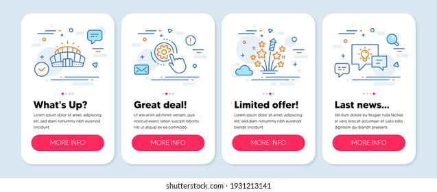 Set of Business icons, such as Arena stadium, Cogwheel settings, Fireworks stars symbols. Mobile screen banners. Idea lamp line icons. Vector