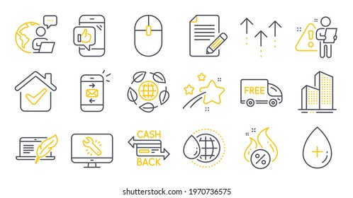 Set of Business icons, such as Article, Copyright laptop, Mail symbols. Mobile like, World water, Oil serum signs. Monitor repair, Hot loan, Swipe up. Skyscraper buildings, Computer mouse. Vector