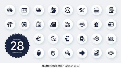 Set of Business icons, such as Article, Notification cart and Timer flat icons. Stress grows, Car service, Discount tags web elements. Computer mouse, Paint roller, Baggage reclaim signs. Vector