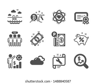 Set of Business icons, such as Atom, Currency audit, Payment, Swimming pool, Parking payment, Employees wealth, Cloudy weather, Bitcoin mining, Employees group, Spanner, Certificate. Atom icon. Vector