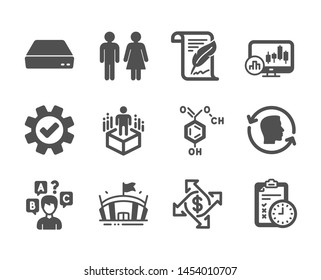 Set Of Business Icons, Such As Augmented Reality, Arena, Face Id, Candlestick Chart, Exam Time, Service, Mini Pc, Quiz Test, Feather, Chemical Formula, Restroom, Payment Exchange. Vector