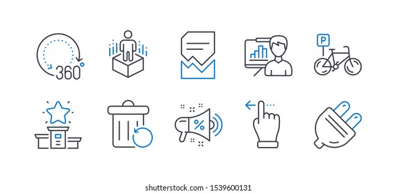 Set of Business icons, such as Augmented reality, Winner podium, Recovery trash, Presentation board, Touchscreen gesture, Bicycle parking, Sale megaphone, 360 degrees, Corrupted file. Vector