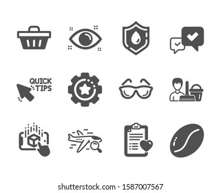 Set of Business icons, such as Augmented reality, Cleaning service, Blood donation, Shopping basket, Coffee beans, Search flight, Quick tips, Health eye, Eyeglasses, Patient history. Vector