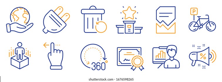 Set of Business icons, such as Augmented reality, Winner podium. Certificate, save planet. Recovery trash, Presentation board, Touchscreen gesture. Bicycle parking, Sale megaphone, 360 degrees. Vector