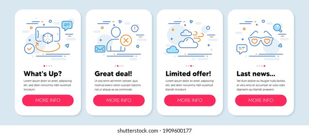 Set of Business icons, such as Augmented reality, Delete user, Windy weather symbols. Mobile screen mockup banners. Love glasses line icons. Phone simulation, Remove profile, Cloud wind. Vector
