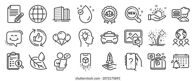 Juego de iconos de Business, como Realidad aumentada, Artículo, Ice creams iconos. Negocios globales, Chef, Refrescar como signos. Encuesta de clientes, Fireworks, Crowdfunding. Hojas rojas, Globe, cabeza de Idea. Vector