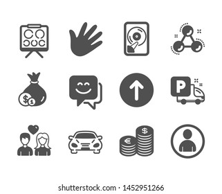 Set Of Business Icons, Such As Avatar, Hand, Car, Hdd, Smile Face, Cash, Swipe Up, Chemistry Molecule, Truck Parking, Couple Love, Vision Board, Currency Classic Icons. User Profile, Swipe. Vector