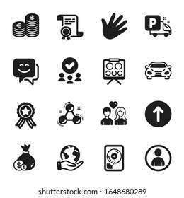 Set Of Business Icons, Such As Avatar, Hand. Certificate, Approved Group, Save Planet. Car, Hdd, Smile Face. Cash, Swipe Up, Chemistry Molecule. Truck Parking, Couple Love, Vision Board. Vector