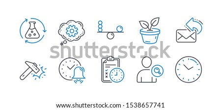 Set of Business icons, such as Balance, Share mail, Alarm bell, Find user, Hammer blow, Exam time, Chemistry experiment, Cogwheel, Leaves, Time line icons. Concentration, New e-mail. Vector