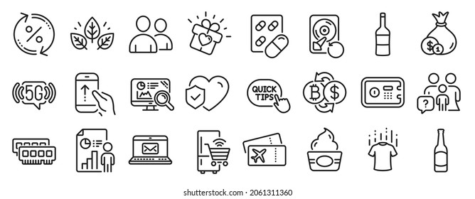 Set of Business icons, such as Beer, Cash, Organic tested icons. Love gift, Life insurance, E-mail signs. Users, Recovery hdd, Seo analytics. Loan percent, Business report, Refrigerator. Vector