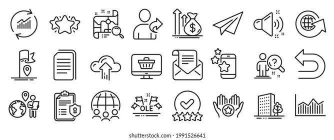 Set of Business icons, such as Best app, Paper plane, Rating stars icons. Mail newsletter, Cloud upload, Web shop signs. Undo, Refer friend, Privacy policy. Favorite, Star, Ole chant. Flag. Vector