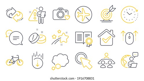 Set of Business icons, such as Bicycle, Interview job, Photo camera symbols. Time change, Medical tablet, Text message signs. Diploma, Talk bubble, Target goal. Scroll down, Swipe up. Vector