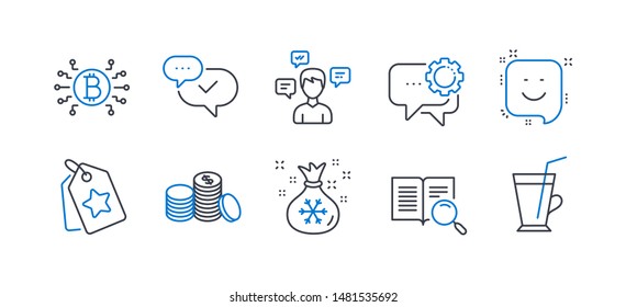 Set of Business icons, such as Bitcoin system, Conversation messages, Loyalty tags, Search text, Employees messenger, Banking money, Approved, Santa sack, Smile, Coffee cup line icons. Vector