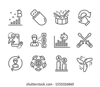 Set of Business icons, such as Bitcoin graph, Report timer, Usb stick, Drums, Ab testing, Human resources, Rotation gesture, Opinion, Flight destination, Wind energy, Screwdriverl. Vector