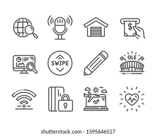 Set of Business icons, such as Blocked card, Heartbeat, Microphone, Pencil, Sports arena, Swipe up, Atm service, Airplane travel, Parking garage, Seo analytics, Web search, Wifi. Vector