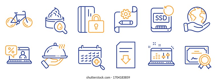 Set of Business icons, such as Blocked card, Medical calendar. Certificate, save planet. Cogwheel blueprint, Moisturizing cream, Recovery ssd. Restaurant food, Download file, Online loan. Vector