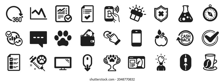 Set of Business icons, such as Blog, Dog vaccination, Approved checklist icons. Bitcoin pay, Monitor, Checked calculation signs. Seo strategy, Reject protection, Swipe up. 360 degrees. Vector