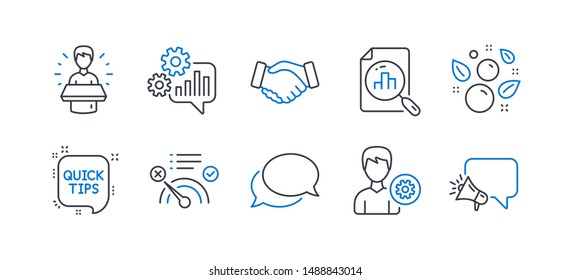 Set of Business icons, such as Brand ambassador, No internet, Quick tips, Handshake, Cogwheel, Clean bubbles, Analytics graph, Messenger, Support, Megaphone line icons. Vector