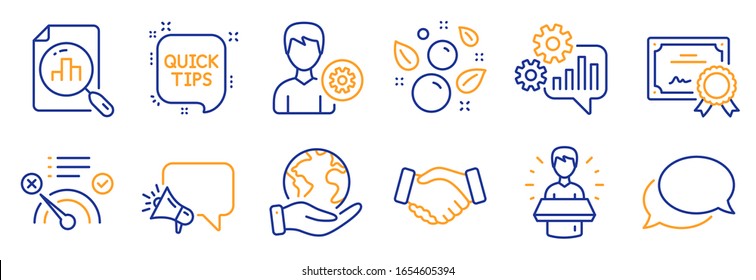 Set of Business icons, such as Brand ambassador, No internet. Certificate, save planet. Quick tips, Handshake, Cogwheel. Clean bubbles, Analytics graph, Messenger. Vector