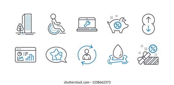 Set of Business icons, such as Buildings, Piggy sale, Star, Disability, Laptop repair, Person info, Scroll down, Water splash, Seo statistics, Sale line icons. City architecture, Discounts. Vector