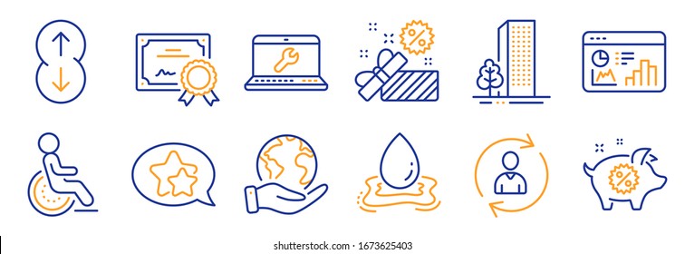 Set of Business icons, such as Buildings, Piggy sale. Certificate, save planet. Star, Disability, Laptop repair. Person info, Scroll down, Water splash. Seo statistics, Sale line icons. Vector