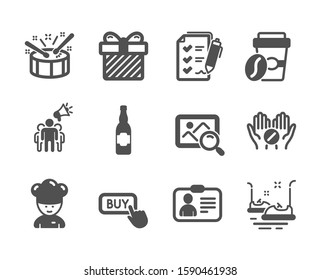 Set of Business icons, such as Bumper cars, Drums, Surprise, Search photo, Takeaway coffee, Id card, Brand ambassador, Cooking chef, Buy button, Survey checklist, Medical tablet. Vector