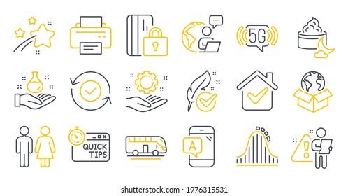 Set of Business icons, such as Bus tour, Roller coaster, 5g wifi symbols. Hypoallergenic tested, Security confirmed, Quick tips signs. Ab testing, Restroom, Chemistry lab. Employee hand. Vector
