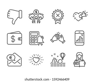 Set of Business icons, such as Calculator alarm, Reject medal, Love message, Dislike hand, Clapping hands, Heart, Sharing economy, Roller coaster, Euro money, Dollar wallet, Woman read. Vector